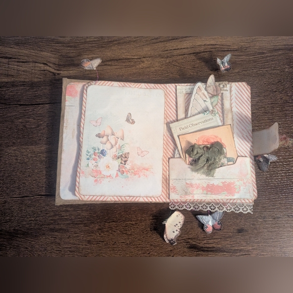 Butterfly Rustic Junk Journal- Handmade- Recycled Materials- Pink/Cream-Spring - Picture 3 of 8